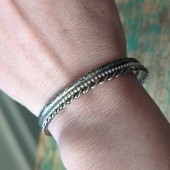 Vintage Jewelry - Vintage Boho Bohemian Western Silver-Tone Metal Bangle Bracelet Trio Set